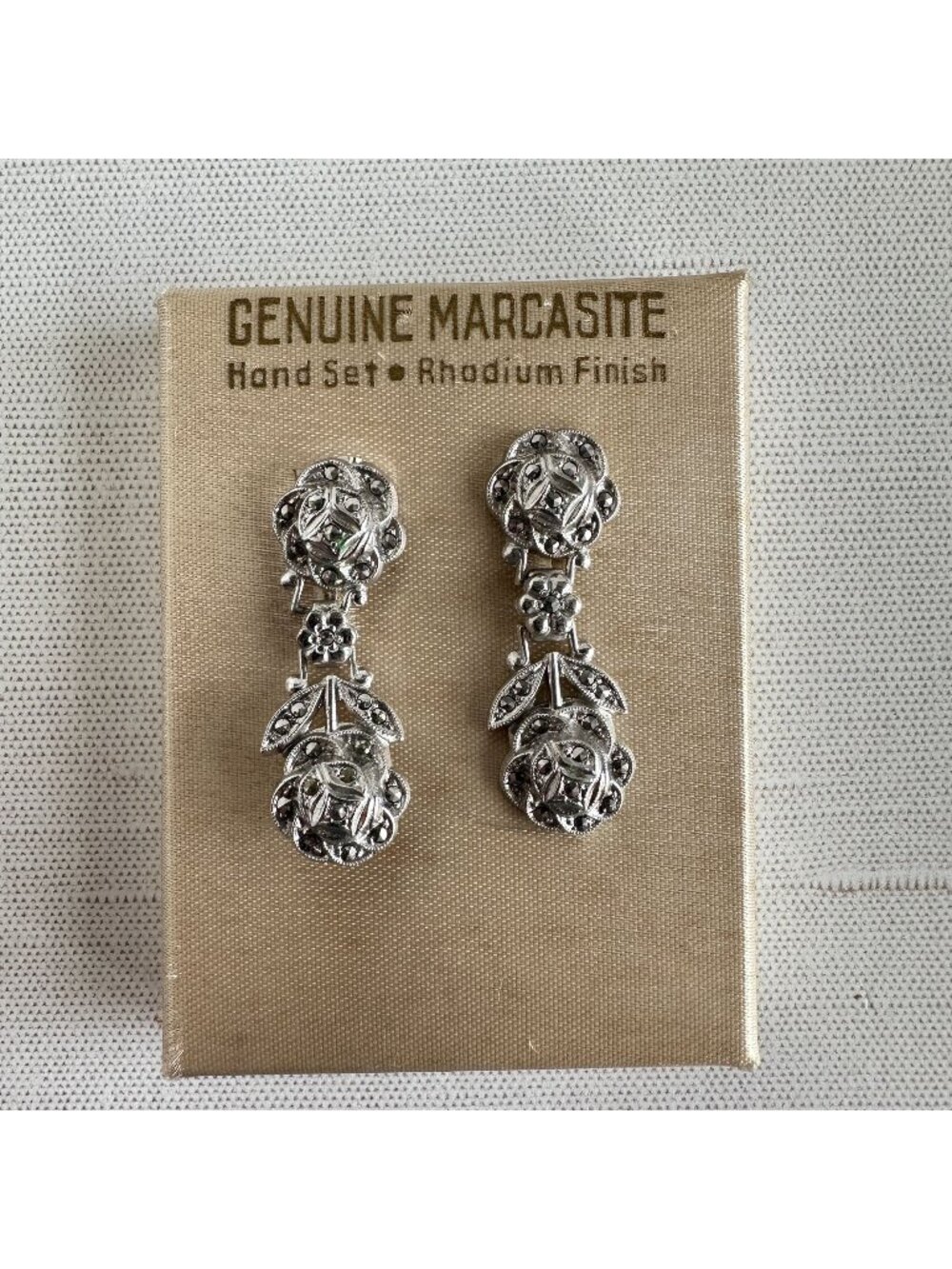 Vintage Sterling Silver Marcasite Double Rose Drop Earrings Rhodium NOS